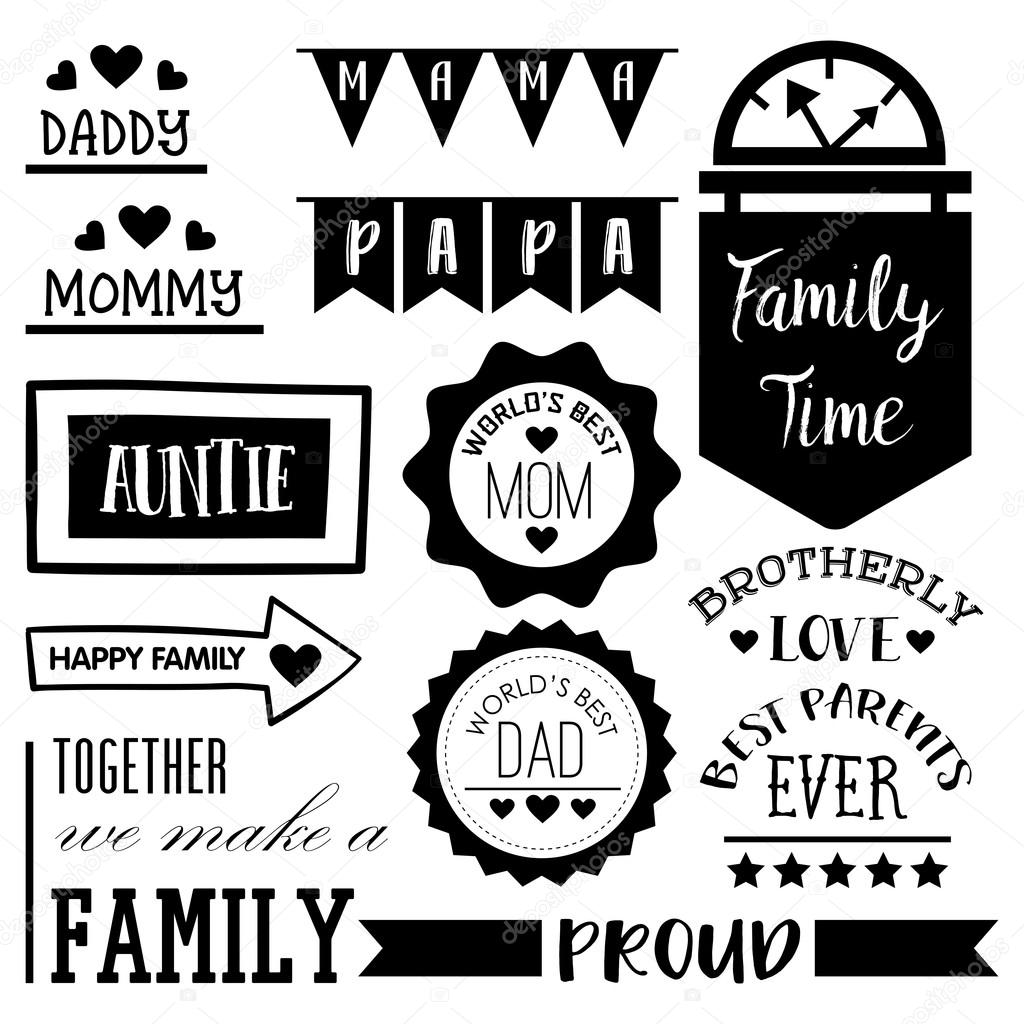 Set of cute family themed stamps and stickers. Badges for mother and father days. Vintage labels.