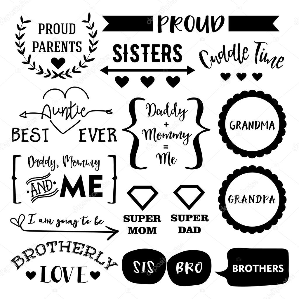 Set of cute family themed stamps and stickers. Badges for mother and father days. Vintage labels.
