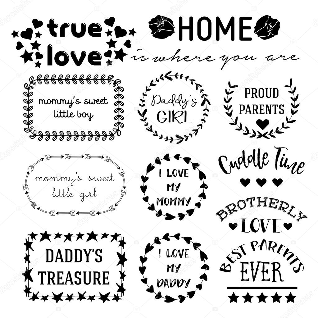 Set of cute family themed stamps and stickers. Badges for mother and father days. Vintage labels.