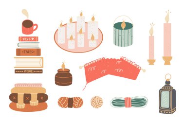 Sonbahar ve kış sıcacık elementleriyle çok hoş bir illüstrasyon. Beyaz arkaplanda izole.