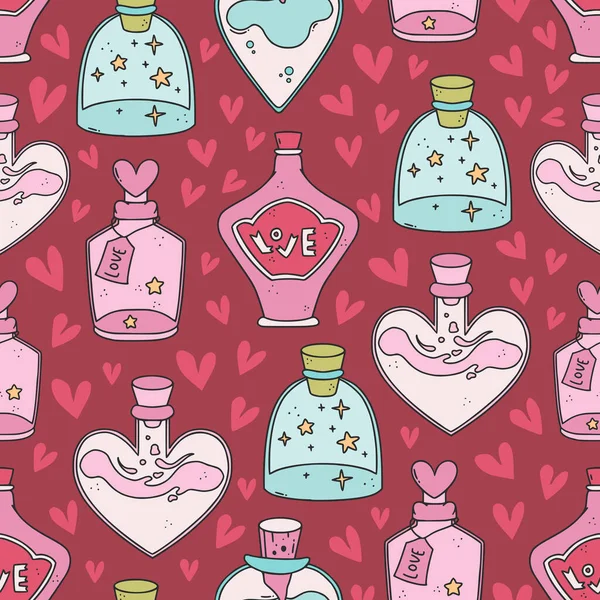 Adorable seamless pattern with love potion bottles for a valentines day. — Stock Vector