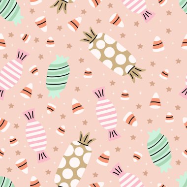 Güzel resimli cadılar bayramı deseni. Kusursuz arka plan tekrarı. Şeker, mısır şekeri, lolipop..