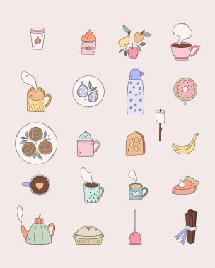 Elle çizilmiş resimlerin sevimli sonbahar koleksiyonu. Çay, kahve, bardak, termos, su şişesi, yiyecek, meyve, turta, turta içeren mevsimlik düz çizgi film simgeleri.