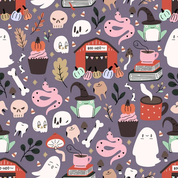 Lindo y espeluznante patrón de halloween ilustrado. Fondo repetido Seamleass. — Vector de stock