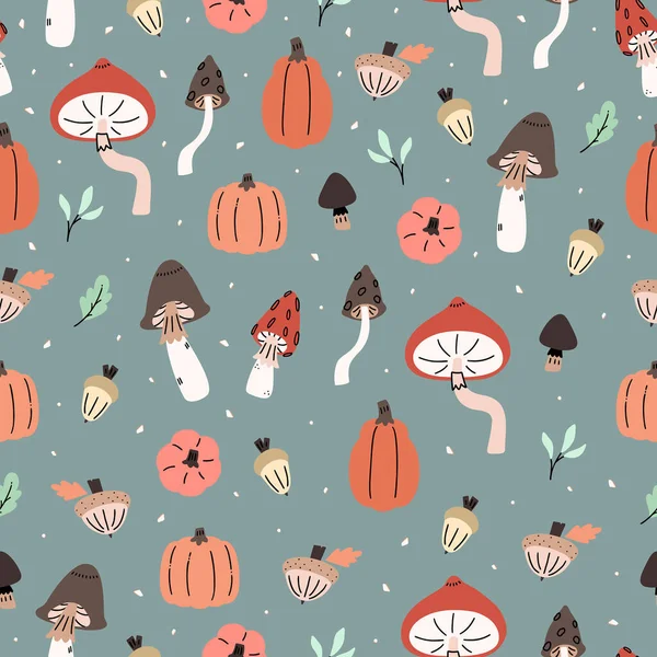Söt illustrerad fallmönster med svamp, pumpor, ekollon, nötter, blad. — Stock vektor