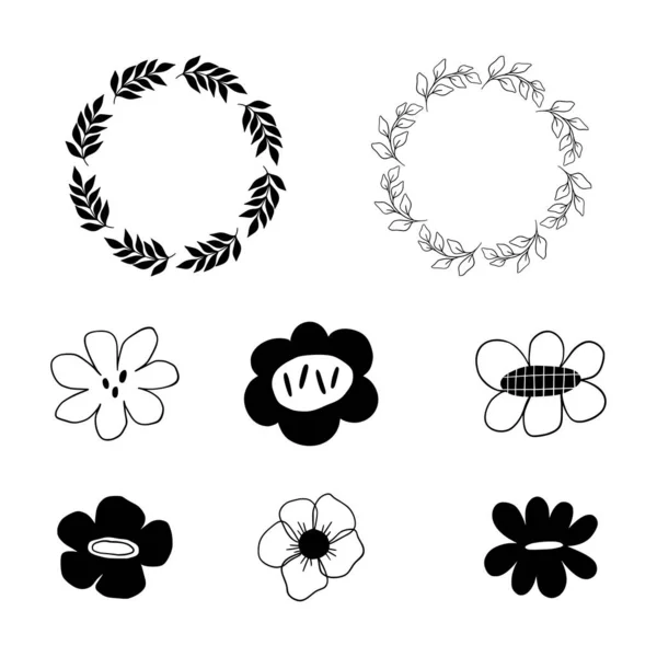 Collection de motifs simples de fleurs de gribouillis noir et blanc. — Image vectorielle