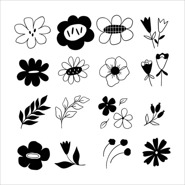 Colección de diseños simples de flores de garabatos en blanco y negro. — Archivo Imágenes Vectoriales