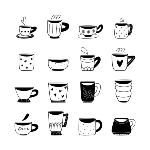 Um preto e branco ilustrado doodle coleção de adoráveis canecas e copos kawaii desenhos. — Vetor de Stock