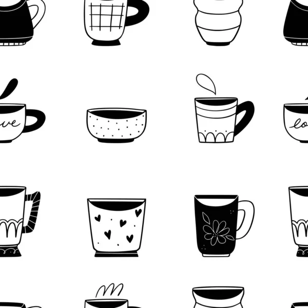 A black and white illustrated doodle collection of adorable kawaii mugs and cups designs. — Stock Vector