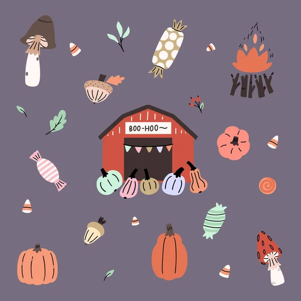 Bedårande samling av handritade halloween illustrationer. och clip-art — Stock vektor