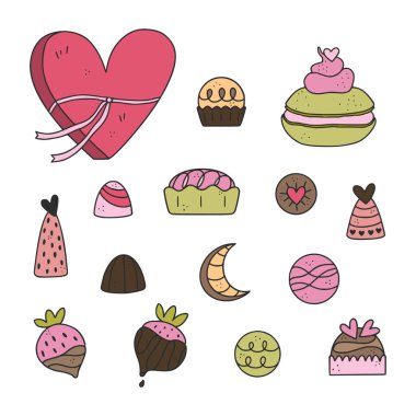 Bir paket şirin el çizimi tatlı çizimleri. Hamur işi, tatlı, dondurma, çikolata, şeker.