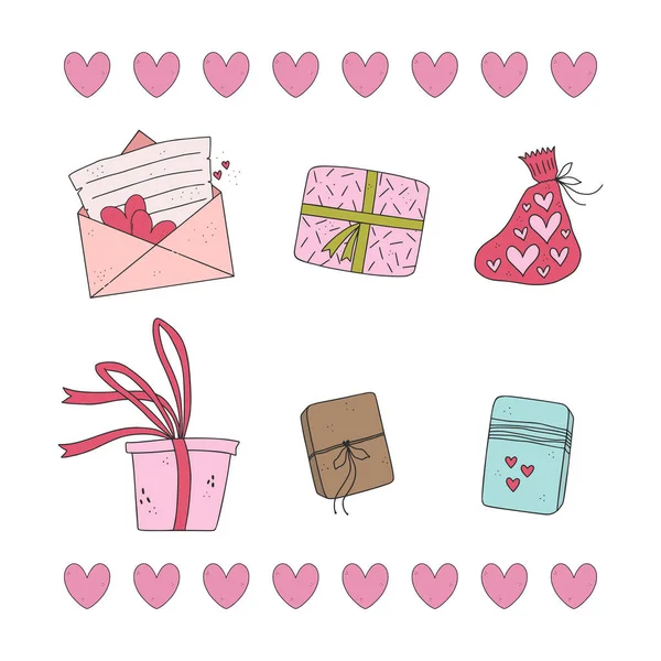 Pack de mignons coffrets cadeaux, emballages, sacs avec cadeaux. Illustrations dessinées à la main pour la Saint Valentin. — Image vectorielle