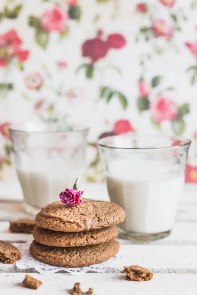 stock image Rustic home made cookies on the wooden background with milk