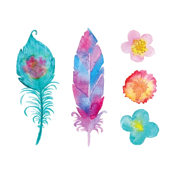 Aquarel decoratieve veren en bloemen — Stockvector