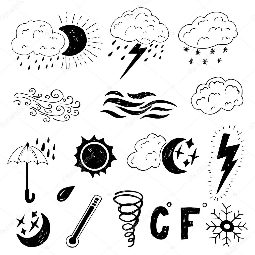 Set of drawn weather icons.