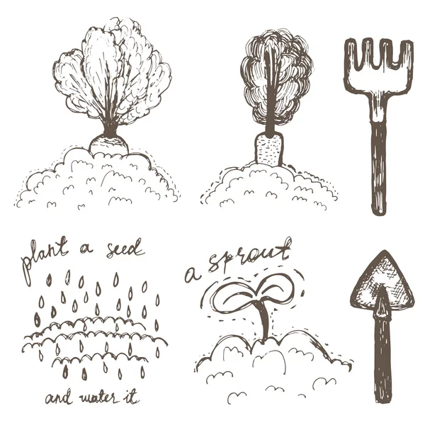 Icônes gribouillées dessinées à la main. Ensemble de vecteurs de jardinage . — Image vectorielle