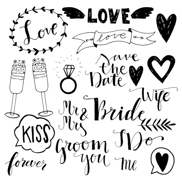 Ícones de doodle de casamento desenhados à mão . — Vetor de Stock