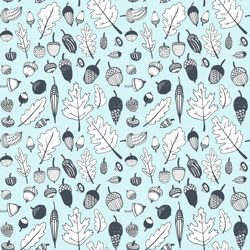 Hand drawn doodle seamless acorn pattern.