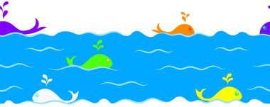 Horizontal seamless pattern with funny cartoon whales in different colors