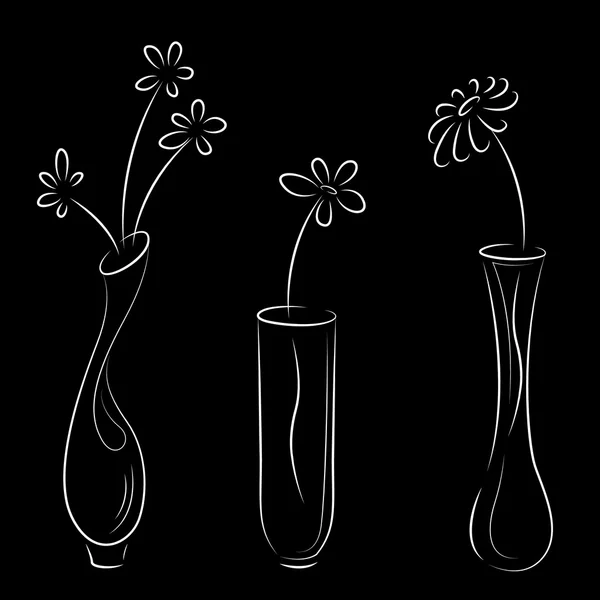 Set di vasi stilizzati con fiori in bianco su fondo nero. Isolato — Vettoriale Stock