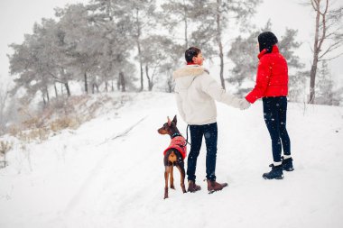 Sevgili çift kış parkında yürüyor.