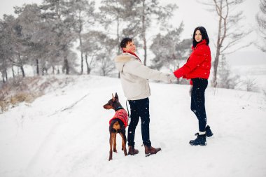 Sevgili çift kış parkında yürüyor.