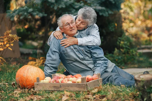 Old couple sittingin a summer garden with harvest — Stock Photo, Image