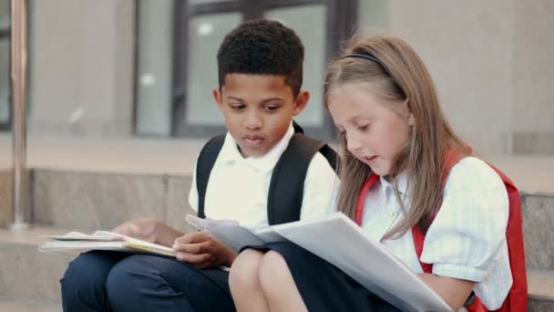 Schulkinder lesen Buch im Sitzen auf Treppe — Stockvideo