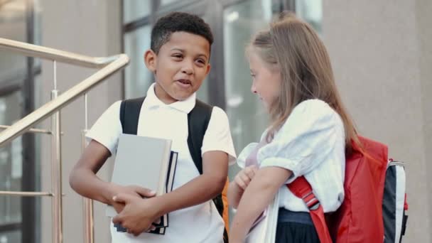 Zwei Schüler stehen mit Büchern in der Nähe der Schule und unterhalten sich — Stockvideo