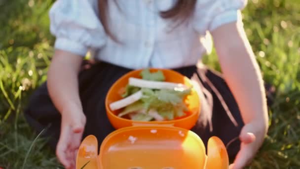 Обрезанный снимок школьницы, показывающей коробку с обедом на траве — стоковое видео