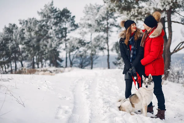 Belo casal brincando com um cão — Fotografia de Stock