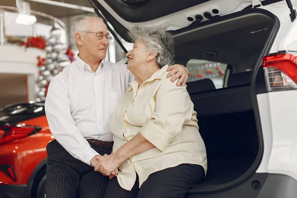 Elegant old couple in a car salon