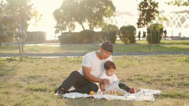 Padre e infante leyendo un libro sobre manta — Vídeos de Stock