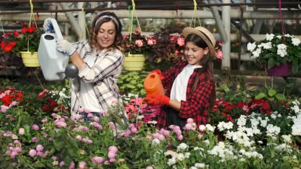 在室内种植园种植女儿浇灌植物的妇女 — 图库视频影像