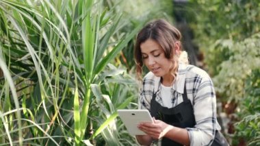 Üniformalı kadın iç tarladaki bitkileri kontrol ediyor.