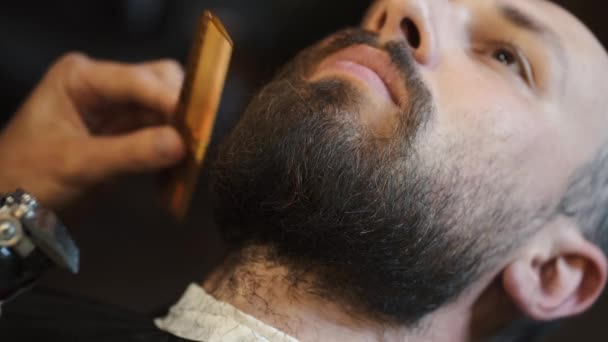 Взрослый мужчина с бородой в парикмахерской — стоковое видео