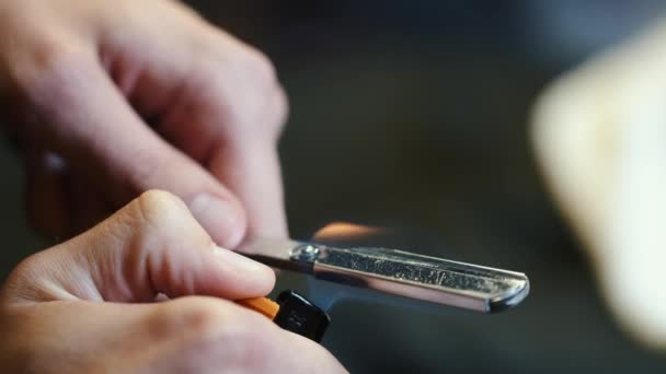 Closeup Tool Razor Disinfection With The Help Of A Roasting Fire In The Barbershop Or MenS Salon — Stock Video