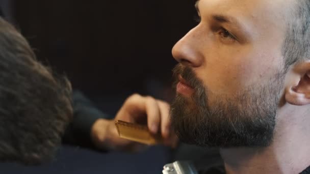 Взрослый мужчина с бородой в парикмахерской — стоковое видео