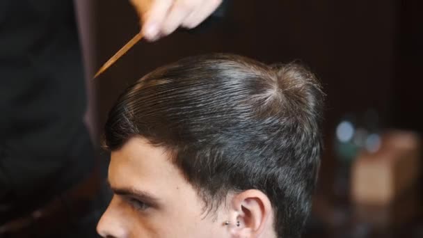 Hairdresser combing wet hair bearded man before haircut — Stock Video