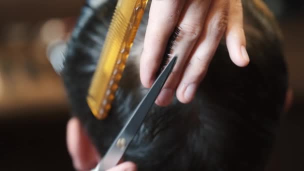 Парикмахер обрезать волосы клиентов с помощью инструментов в магазине — стоковое видео
