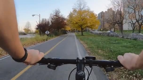 Chicago, Illinois: 27 oktober 2020 uitzicht van een man rijden door de stad op een fiets — Stockvideo