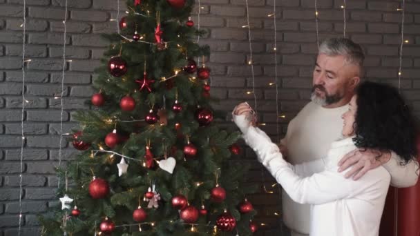 Feliz pareja madura decorar el árbol de Navidad juntos en casa — Vídeos de Stock