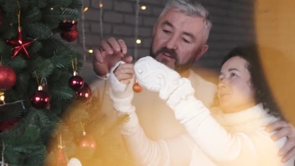 Feliz pareja madura decorar el árbol de Navidad juntos en casa — Vídeos de Stock