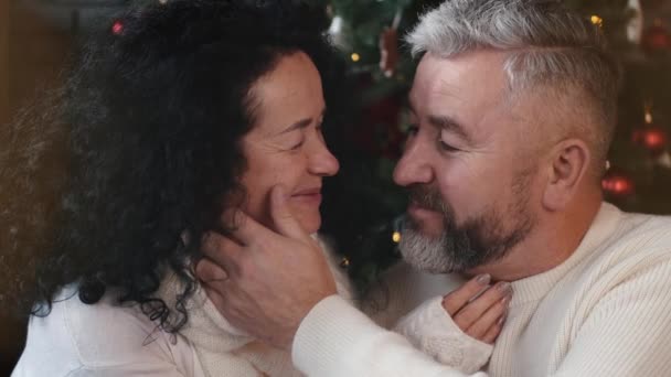 Senior couple hugging and kissing at christmas — Stock Video