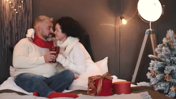 Senior couple hugging and kissing at christmas — Stock Video