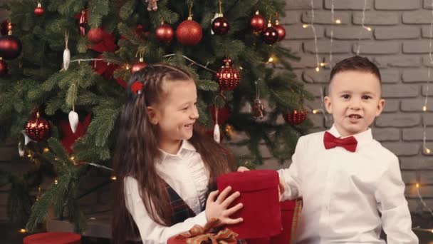 De kleine kinderen met cadeautjes bij de kerstboom — Stockvideo