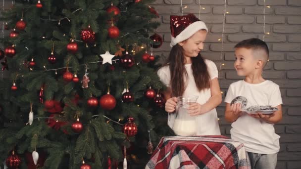 Crianças deixando doces e leite para o Papai Noel perto da árvore de xmas — Vídeo de Stock