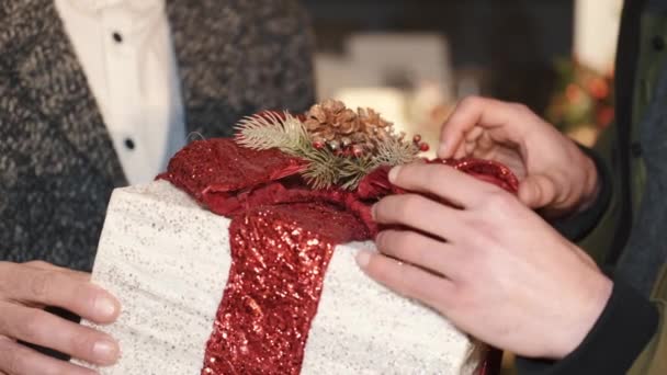 Starý stylový muž vybaluje dárek se svým vnukem v dekorované pro vánoční pokoj — Stock video