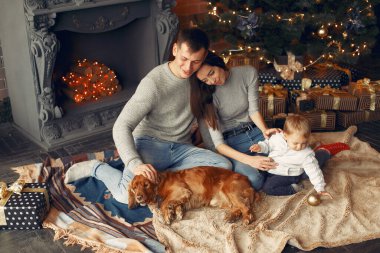 Noel ağacının yanında sevimli köpekli bir aile.