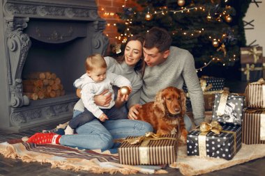 Noel ağacının yanında sevimli köpekli bir aile.